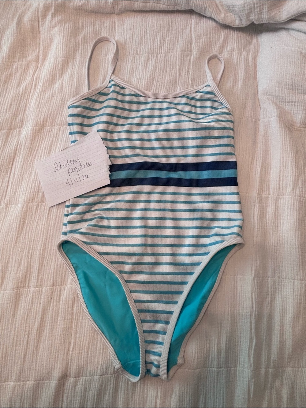 LainSnow White, Teal & Navy Striped One-Piece Swimsuit